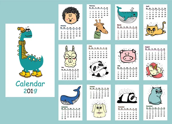 Kalendarzowy 2019 Cute Zwierząt Dla Każdego Miesiąca Wektor Białym Tle — Wektor stockowy