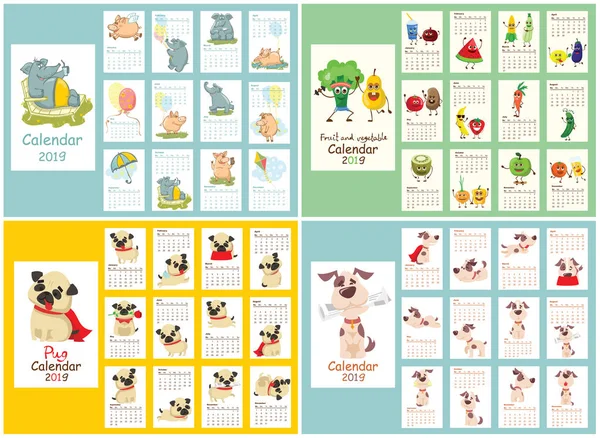 Zestaw 2019 Kalendarze Pieskiem Słoń Świnia Owoców Warzyw Znaków Cute — Wektor stockowy