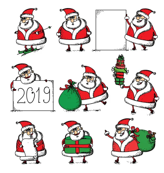 Weihnachtskarte Mit Weihnachtsmann Klauseln Mit Geschenken Und Banner 2019 Vektor — Stockvektor