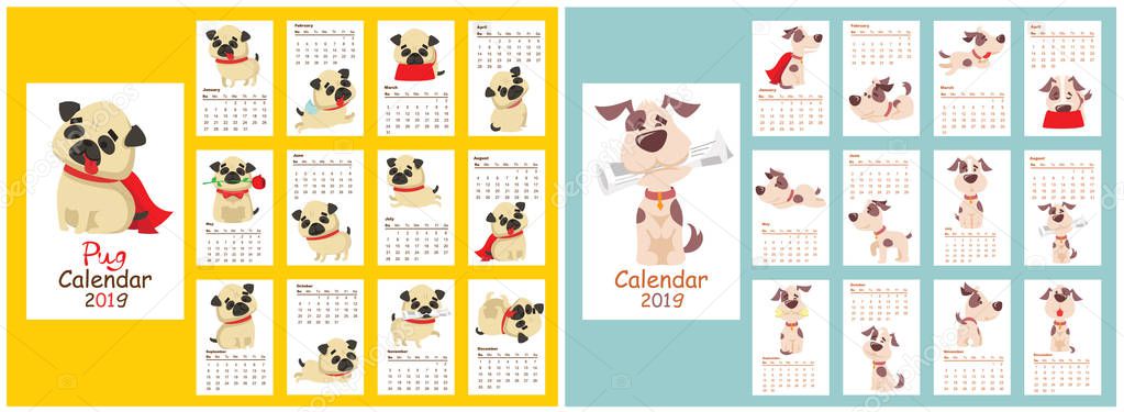Monthly creative calendar 2019 with different dog breeds. Concept of vector vertical editable template. - Vector