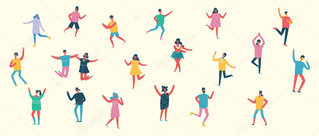 Vector illustration in a flat style of group  dancing and singing people