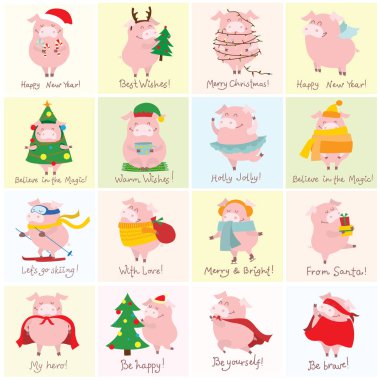 Çizilmiş Noel tebrik vektör çizim kartları Noel hediyeleri ve komik yıl - sarı domuzla sembolü ile el