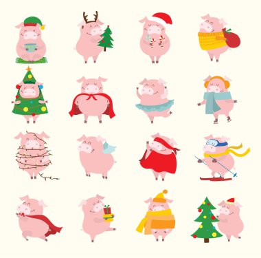 Çizilmiş Noel tebrik vektör çizim kartları Noel hediyeleri ve komik yıl - sarı domuzla sembolü ile el