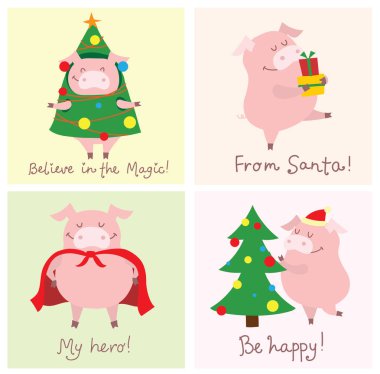 Çizilmiş Noel tebrik vektör çizim kartları Noel hediyeleri ve komik yıl - sarı domuzla sembolü ile el