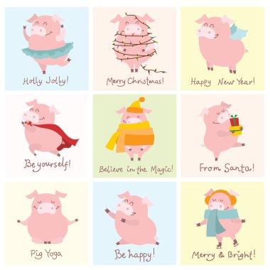 Noel hediyeleri ve diğer şeyler - vektör yıl - sarı domuzlarla sembolü vektör çizimler