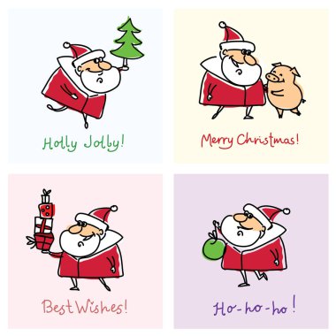 Noel Baba ve yıl şirin domuz, hediyeler, hediyeler ve afiş ve tebrik tırnak sembolü ile yılbaşı tebrik kartları