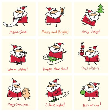 Noel Baba ve yıl şirin domuz, hediyeler, hediyeler ve afiş ve tebrik tırnak sembolü ile yılbaşı tebrik kartları