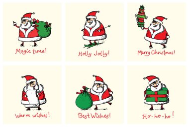 Noel Baba ve yıl şirin domuz, hediyeler, hediyeler ve afiş ve tebrik tırnak sembolü ile yılbaşı tebrik kartları