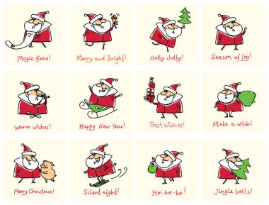 Noel Baba ve yıl şirin domuz, hediyeler, hediyeler ve afiş ve tebrik tırnak sembolü ile yılbaşı tebrik kartları