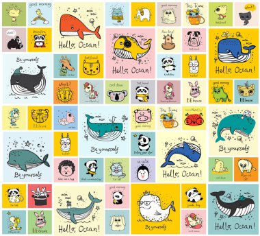 Vektör çocuk iç mekanlar, afiş ve posterler için şirin mutlu hayvan yüzleri ile kartları ayarlayın. -Vektör