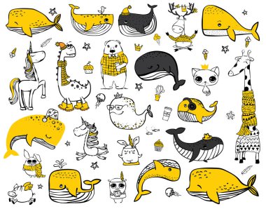 Vektör çizim ile şirin doodle okyanus renk ve diğer deniz sakinleri - vektör balina