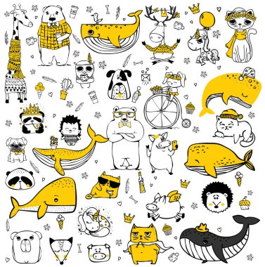 Vektör çizim ile şirin doodle okyanus renk ve diğer deniz sakinleri - vektör balina