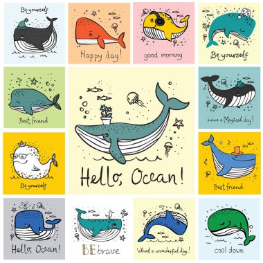 Vektör çizim ile şirin doodle okyanus renk ve diğer deniz sakinleri - vektör balina