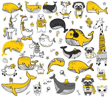 Vektör çizim ile şirin doodle okyanus renk ve diğer deniz sakinleri - vektör balina