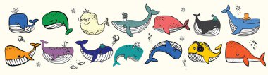 Vektör çizim ile şirin doodle okyanus renk ve diğer deniz sakinleri - vektör balina