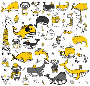 Vektör çizim ile şirin doodle okyanus renk ve diğer deniz sakinleri - vektör balina