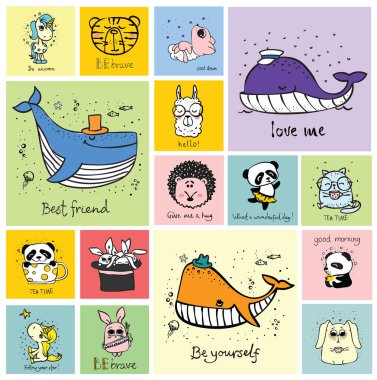 Vektör çocuk iç mekanlar, afiş ve posterler için şirin mutlu hayvan yüzleri ile kartları ayarlayın. -Vektör