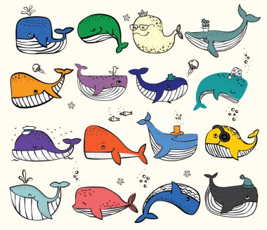 Vektör çizim ile şirin doodle okyanus renk ve diğer deniz sakinleri - vektör balina