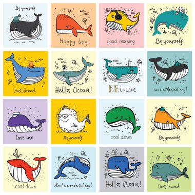 Vektör çizim kartlarla şirin balinalar ve komik çizilmiş quotes - vektör el.