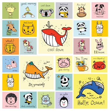 Vektör çocuk iç mekanlar, afiş ve posterler için şirin mutlu hayvan yüzleri ile kartları ayarlayın. -Vektör