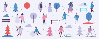 Vektör çizim düz tasarım kış sezon arka plan insanlarla minimalist düz tasarım görünümünde açık