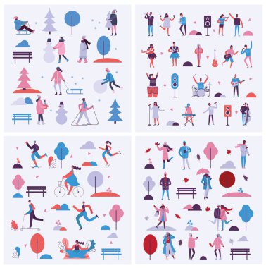 Vektör çizim arka sezon insanların açık - yaz, sonbahar, İlkbahar ve kış düz tasarım