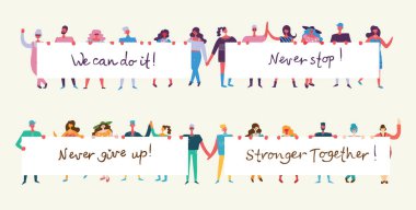 Vektör çizim eylemciler erkek ve kadınların düz stil birlikte elele. Konsept illüstrasyon renkli karakterlerle. -Vektör