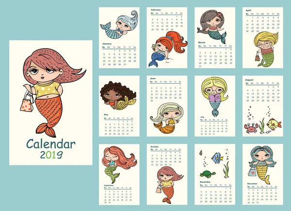 Little Mermaids Colorful Doodle Calendar Set Vector Illustration — Stock Vector
