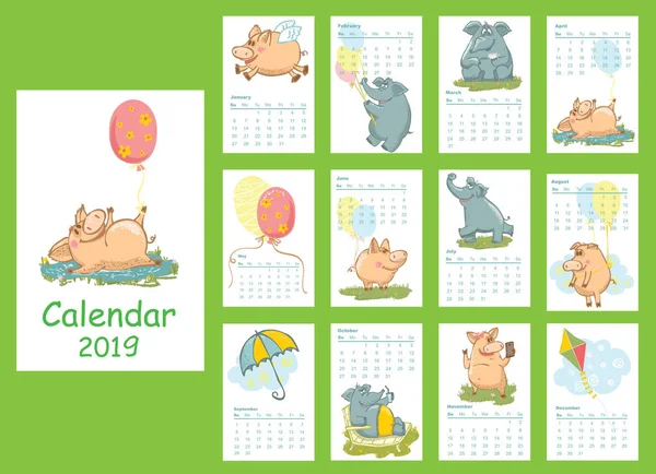 Kalendarzowy 2019 Symbolem Kolorowy Kreskówka Rok Świni Słoń Śmieszne Zwierzęta — Wektor stockowy