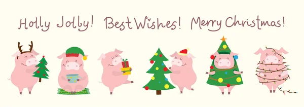 向量例证卡片与年的标志 黄色猪与圣诞节礼物和有趣的手绘的手圣诞节问候 — 图库矢量图片