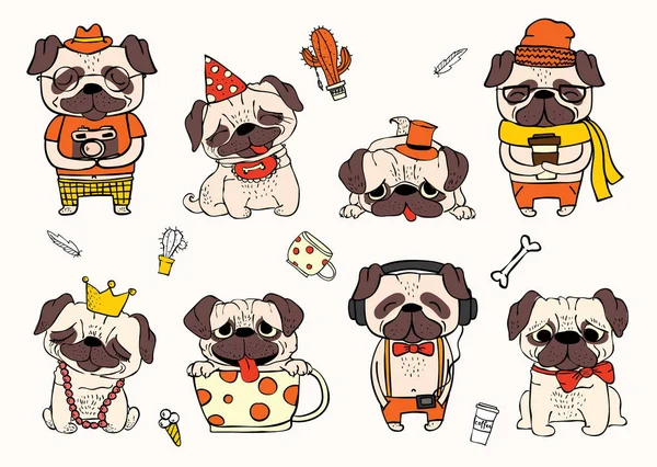 Vektor Illustrationen Von Niedlichen Und Lustigen Cartoon Hipster Mops Welpen — Stockvektor