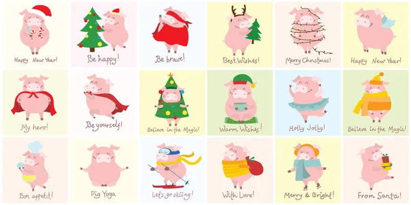 Illustrations Vectorielles Symbole Année Cochons Jaunes Avec Cadeaux Noël Autres — Image vectorielle