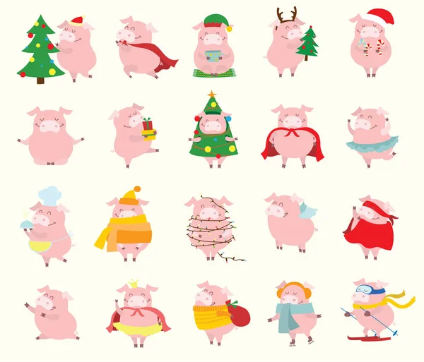 Vektor Illustrationen Des Symbols Des Jahres Gelbe Schweine Mit Weihnachtsgeschenken — Stockvektor