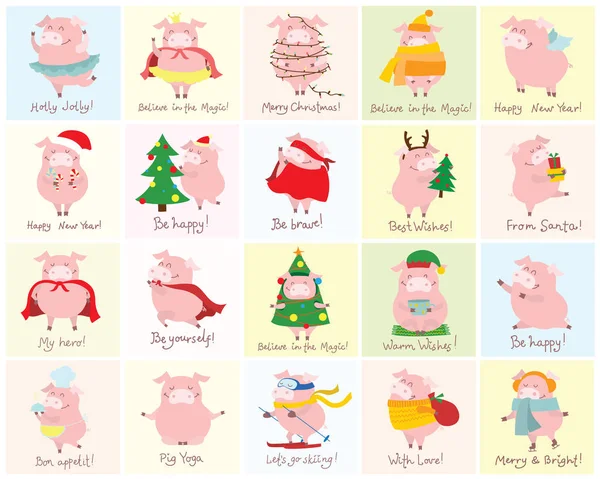 Vektor Illustrationen Des Symbols Des Jahres Gelbe Schweine Mit Weihnachtsgeschenken — Stockvektor