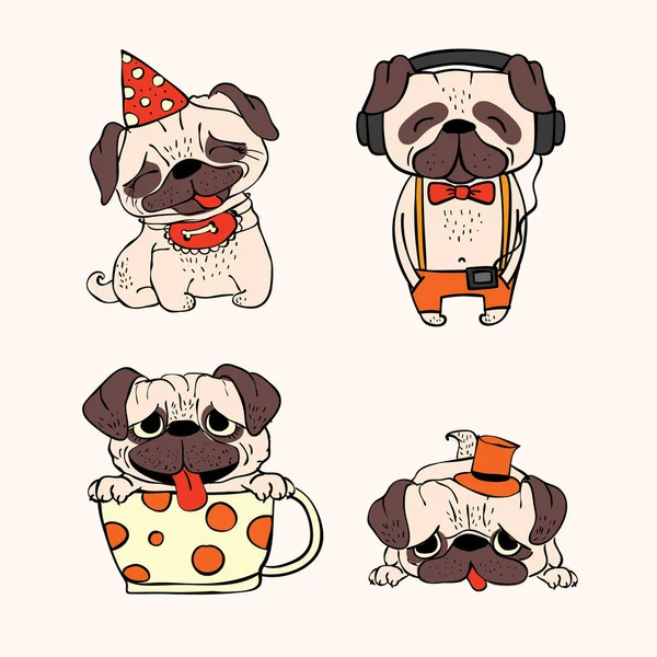 Vector Illustrations Cute Funny Cartoon Hipster Pug Puppies Funny Hand — Stock Vector