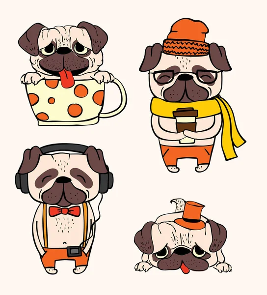 Vektor Illustrationen Von Niedlichen Und Lustigen Cartoon Hipster Mops Welpen — Stockvektor