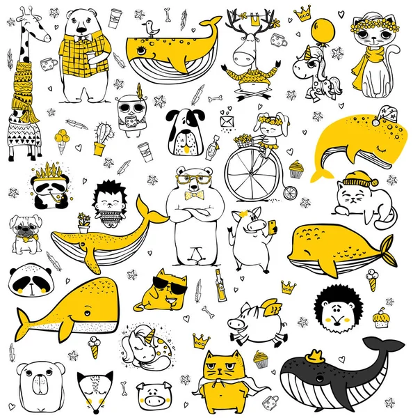 Illustration Vectorielle Avec Des Baleines Marines Mignons Doodle Couleur Autres — Image vectorielle