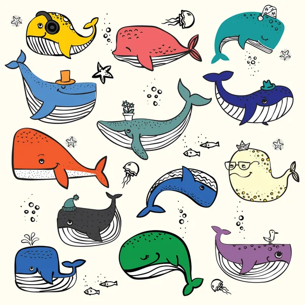 Vector Illustration Cute Doodle Ocean Whales Color Other Sea Inhabitants — Stock Vector