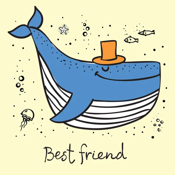 Vektor Illustration Kort Med Söt Doodle Ocean Whale Färg Och — Stock vektor