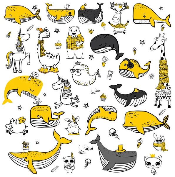 Vektör çizim ile şirin doodle okyanus renk ve diğer deniz sakinleri - vektör balina