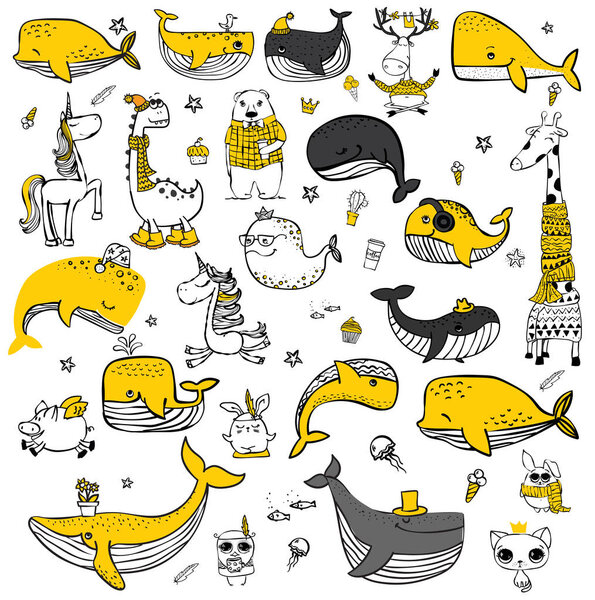 Vector illustration with cute doodle ocean whales in color and other sea inhabitants - Vector