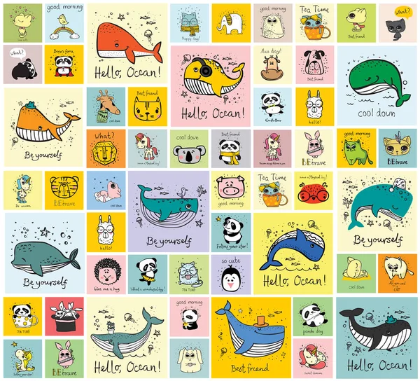 Vektör çocuk iç mekanlar, afiş ve posterler için şirin mutlu hayvan yüzleri ile kartları ayarlayın. -Vektör