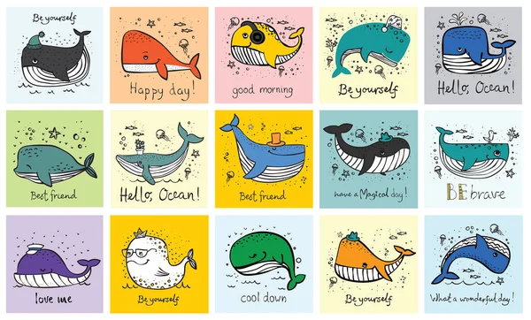 Vektör çizim kartlarla şirin balinalar ve komik çizilmiş quotes - vektör el.
