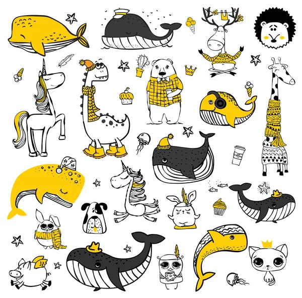 Vector Set Schattig Doodle Hipster Dieren Perfect Voor Wenskaarten Ontwerp — Stockvector