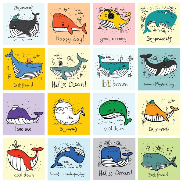 Vektör çizim kartlarla şirin balinalar ve komik çizilmiş quotes - vektör el.