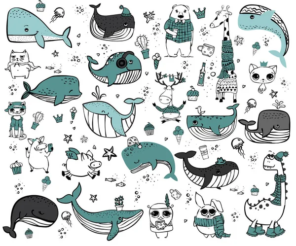 Ensemble Vectoriel Animaux Hipster Gribouillis Mignons Parfait Pour Design Cartes — Image vectorielle