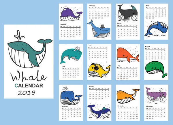 Kalendarzowy 2019 Wielorybami Wyciągnąć Rękę Słodkie Zabawne Wieloryb Dla Każdego — Wektor stockowy