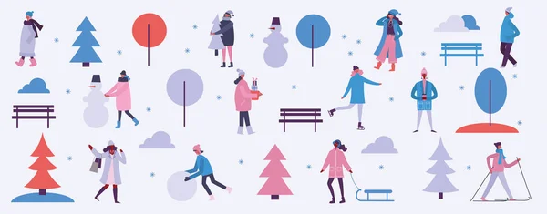 在平面设计的冬天季节背景的向量例证与人户外在简约的平面设计 — 图库矢量图片