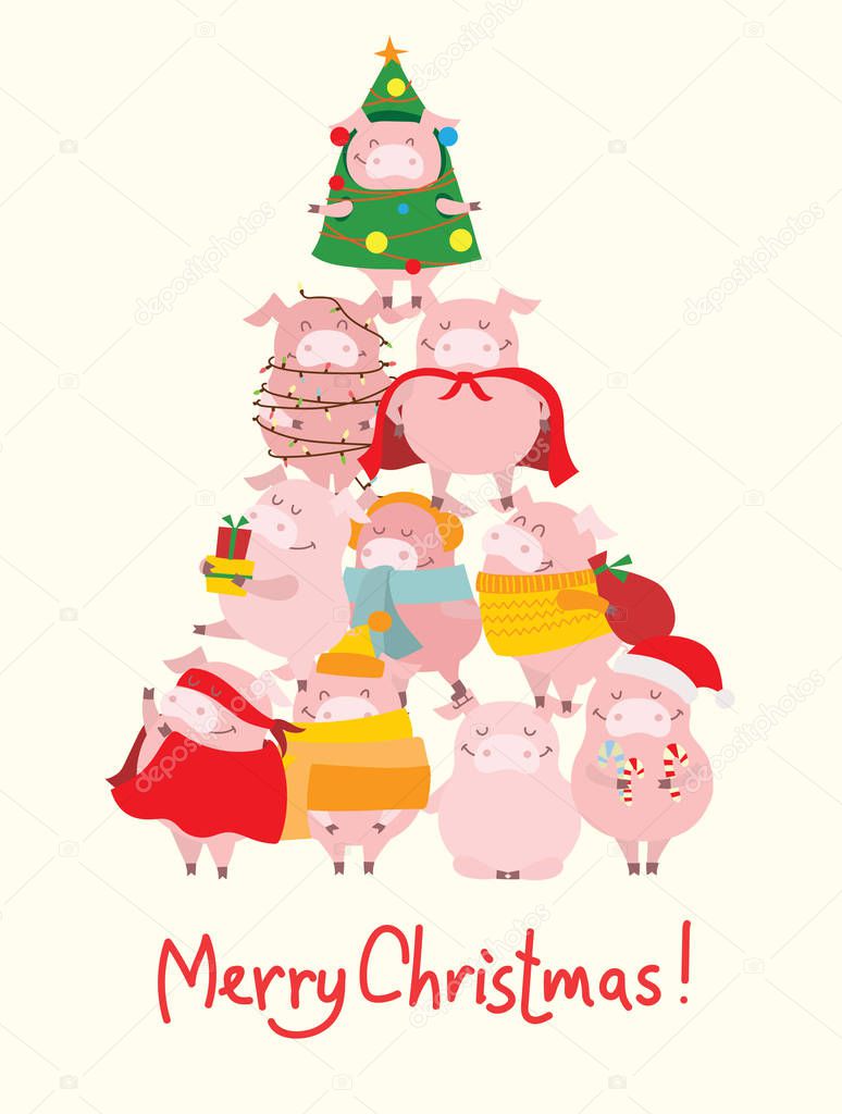 Vector illustrations of the christmas tree of the symbol of the year - yellow pigs with christmas gifts and hand drawn text Merry Christmas
