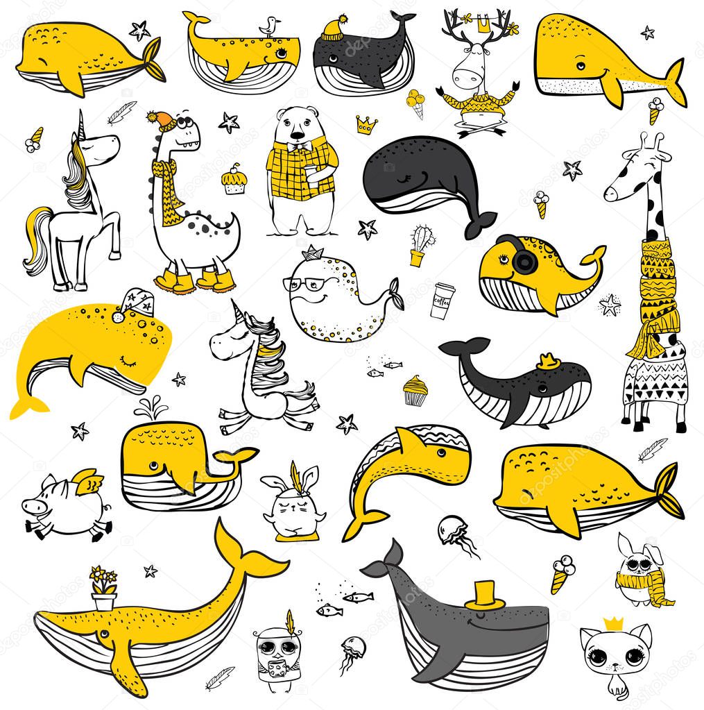 Vector illustration with cute doodle ocean whales in color and other sea inhabitants - Vector
